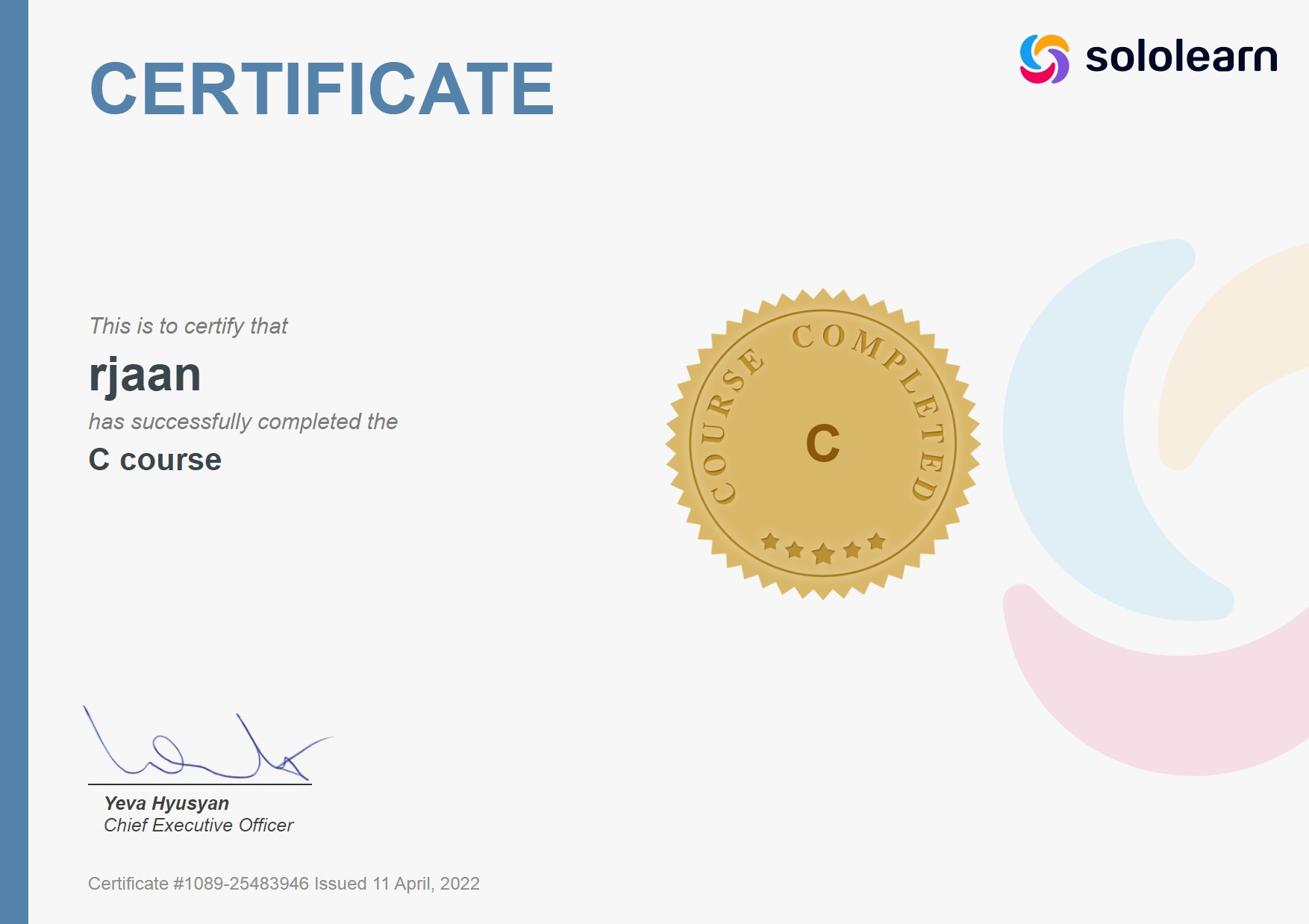 Сертификат об окончании курса по языку программирования C, зарегистрирован на никнейм rjaan