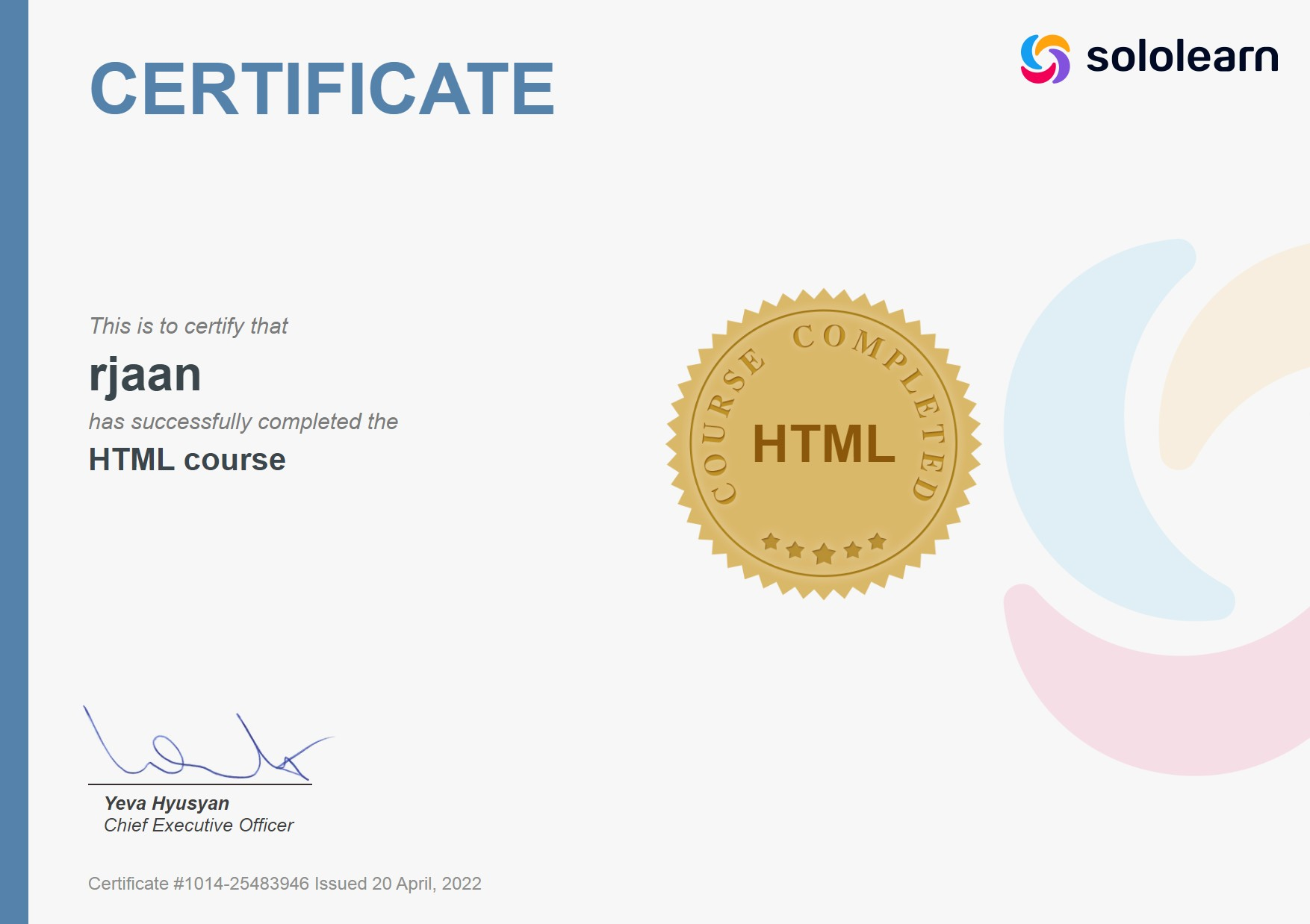 Сертификат об окончании курса по языку гипертекстовой разметки HTML, зарегистрирован на никнейм rjaan