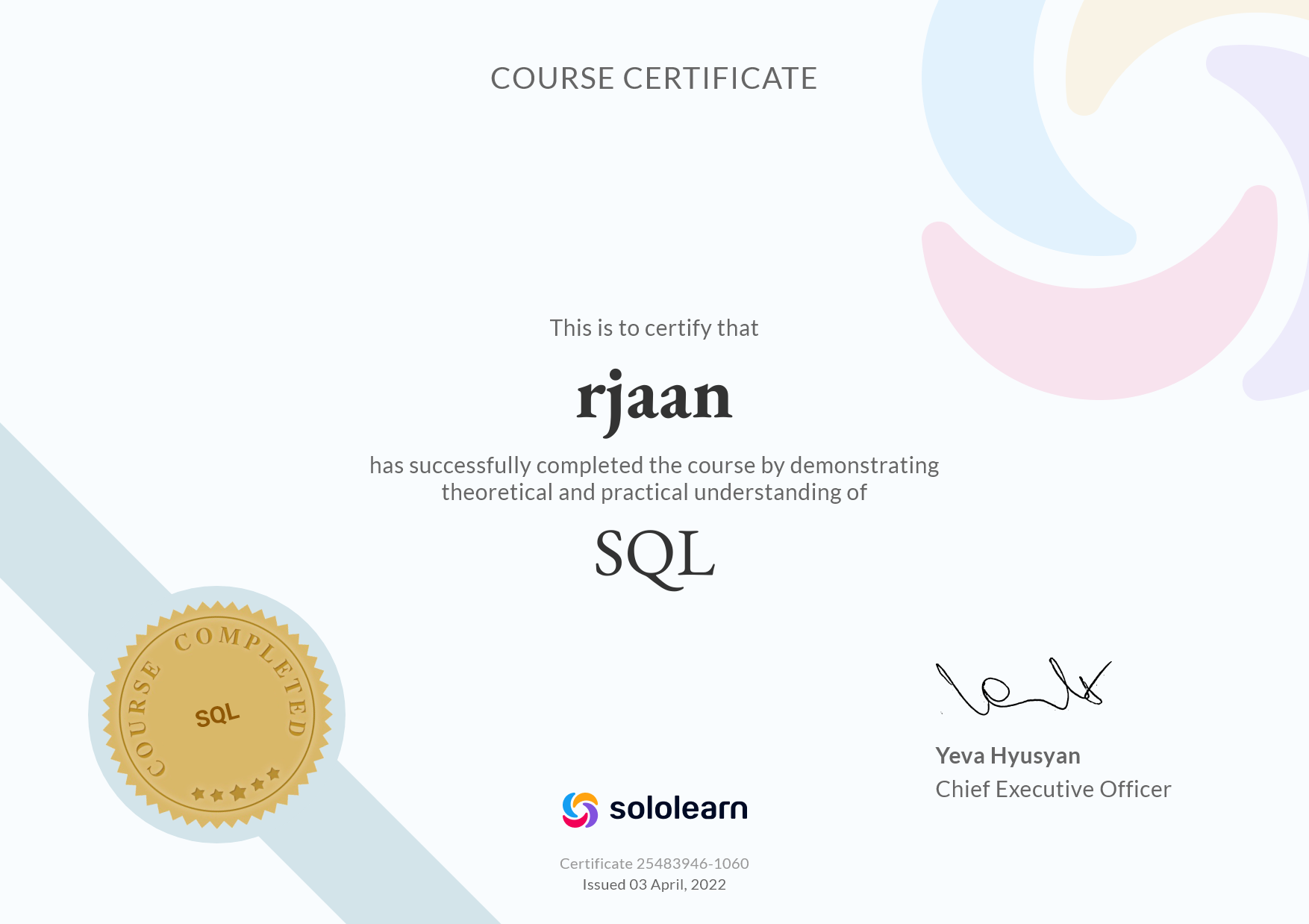 Сертификат об окончании курса SQL, зарегистрирован на никнейм rjaan