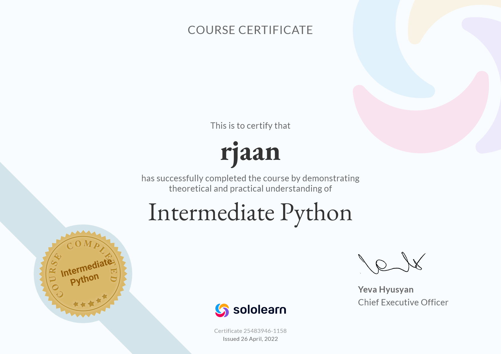 Сертификат об окончании курса Python Core, зарегистрирован на никнейм rjaan
